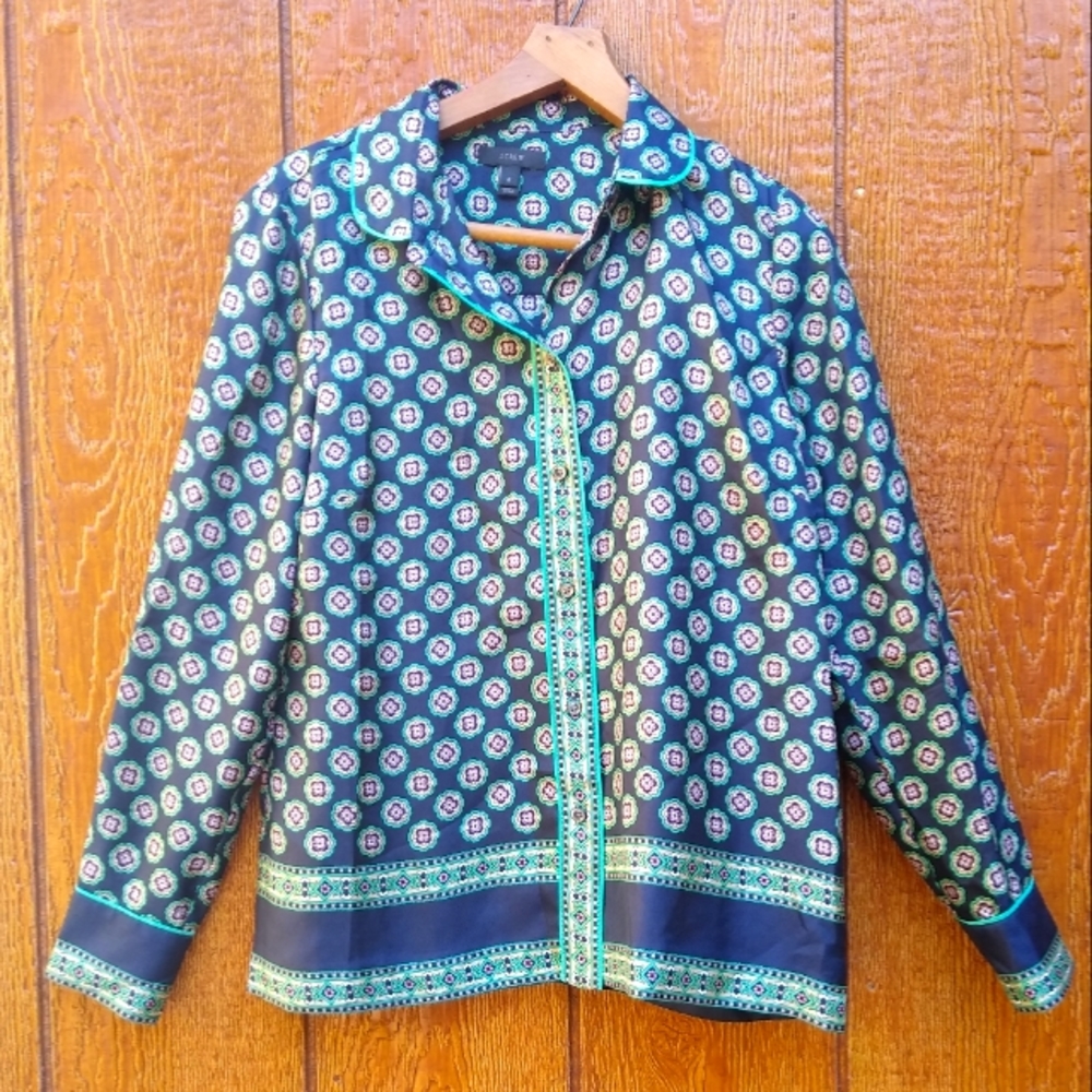 J. Crew blue floral green silk long sleeve trim collar satin shirt